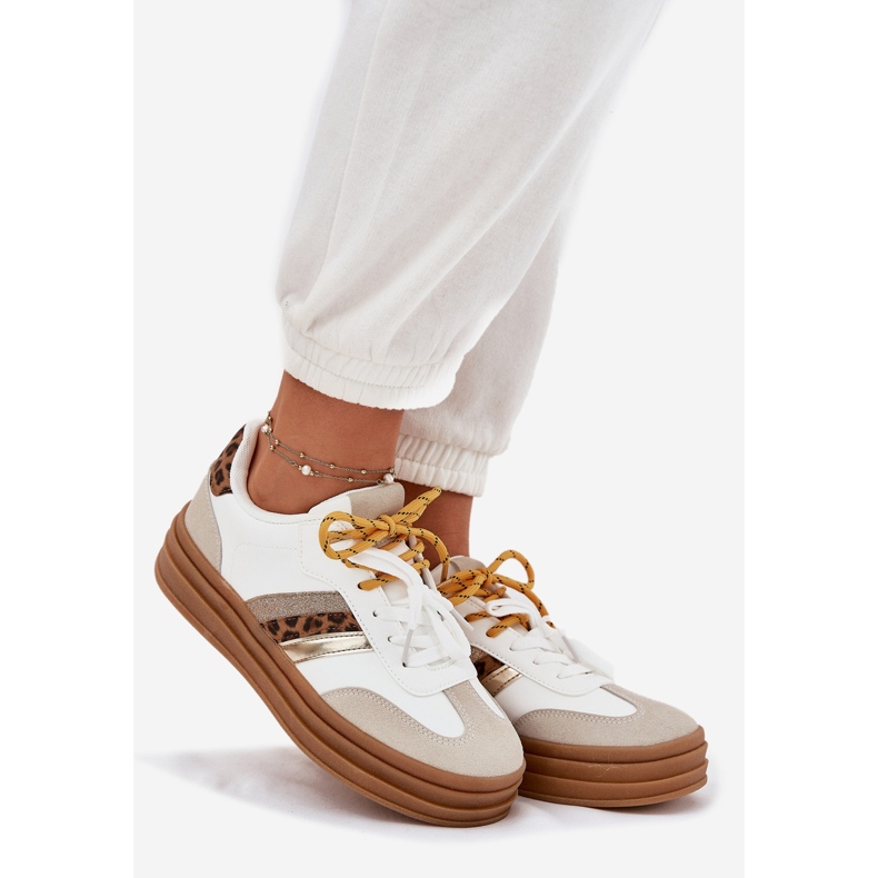 Tênis femininos na plataforma com estampa de leopardo branco de laço duplo 1
