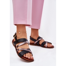 Sandálias femininas de grama plana com Sergio Leone SK086H Stripes preto 2