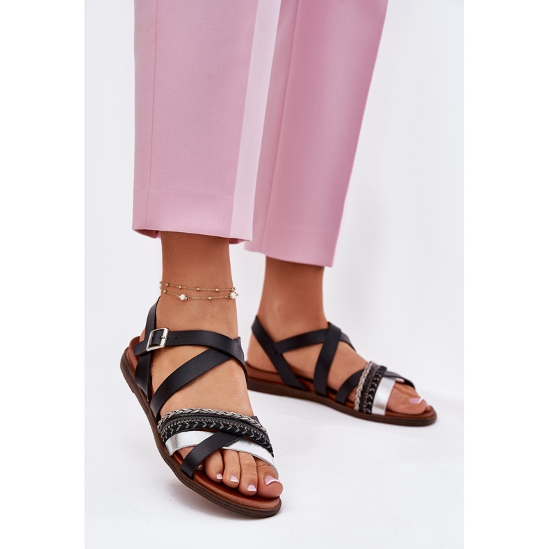 Sandálias planas femininas com Sergio Leone SK087H Stripes preto 2