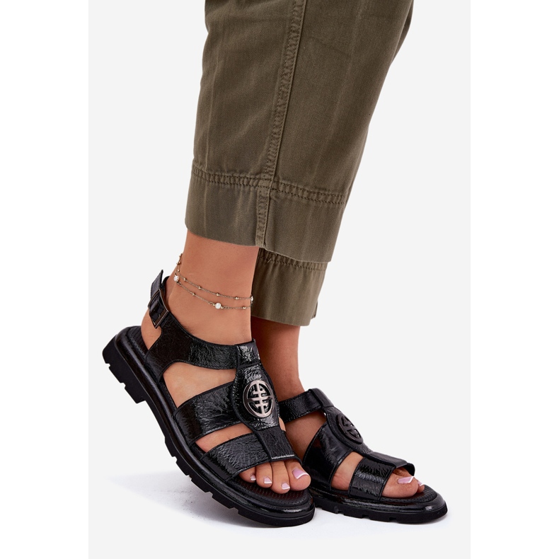 Sandálias de couro feminino envernizadas com detalhes decorativos artiker 56c0691 preto 1