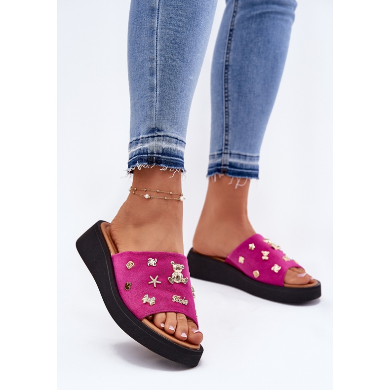 Camurça feminina chinelos com Vinceza 66741 Fuksja rosa 2