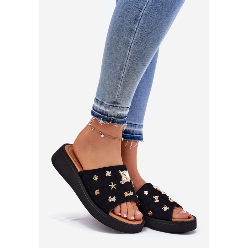 Camurça feminina chinelos com vinceza 66741 pinos pretos 1