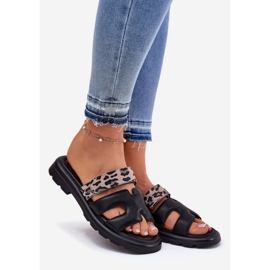 Chinelos de couro feminino Vinceza 66769 Leopardo preto 1