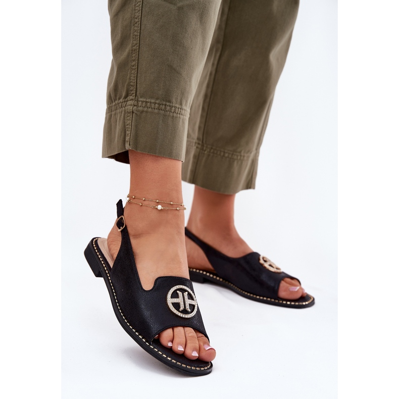 S.Barski Sandálias femininas de salto plano com um ornamento S. Barski KV51-002 Black preto 2