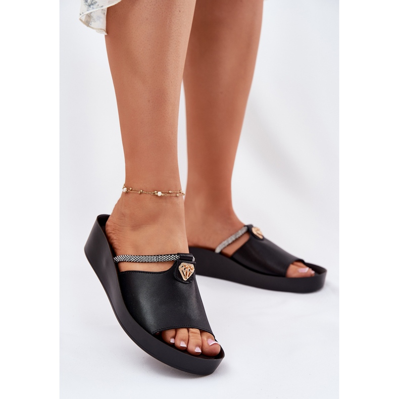 S.Barski Flipers de couro feminino com uma cinta preta KV51-034 decorativa preto 2