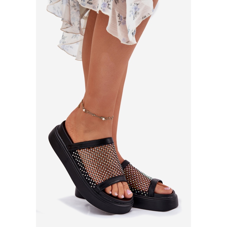 S.Barski Os chinelos femininos decorados na plataforma com Mesh S. Barski My51-016 Black preto 1