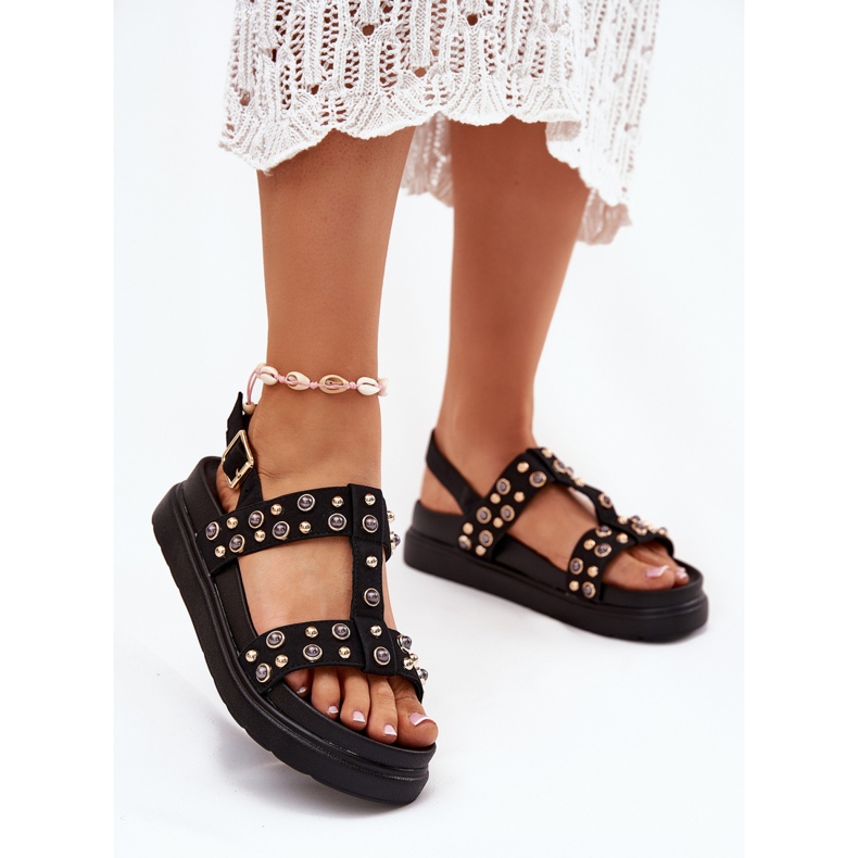 Sandálias femininas decoradas na plataforma preta preto 2
