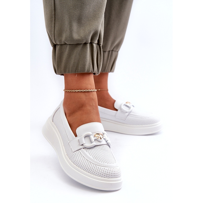 S.Barski Mocas de couro feminino na plataforma Białe S. Barski LR720 com um ornamento branco 3