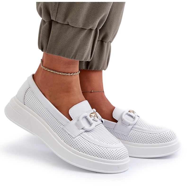 S.Barski Mocas de couro feminino na plataforma Białe S. Barski LR720 com um ornamento branco 4