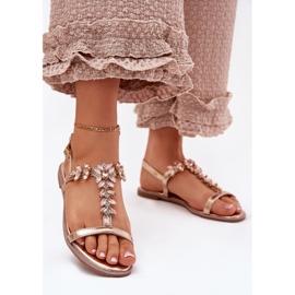 Sandálias femininas planas com cristais de ouro rosa dourado 2