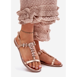 Sandálias femininas planas com cristais de ouro rosa dourado 1