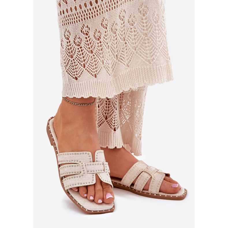 Chinelos planos planos decorados bege 1