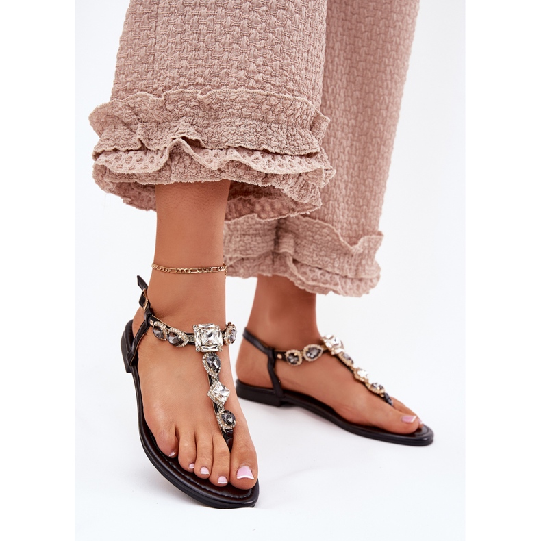 Sandálias femininas de grama plana com cristais negros preto 2 Sandálias femininas de grama plana com cristais negros preto 2