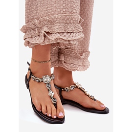 Sandálias femininas de grama plana com cristais negros preto 1 Sandálias femininas de grama plana com cristais negros preto 1