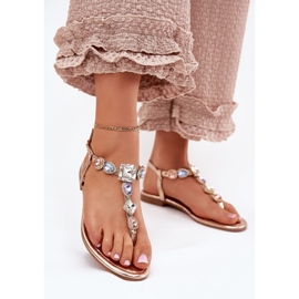 Sandálias femininas de grama plana com cristais de ouro rosa dourado 2