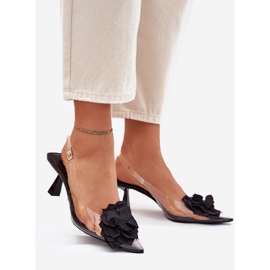 Sandálias transparentes em um salto alto com uma flor decorativa preta preto 1