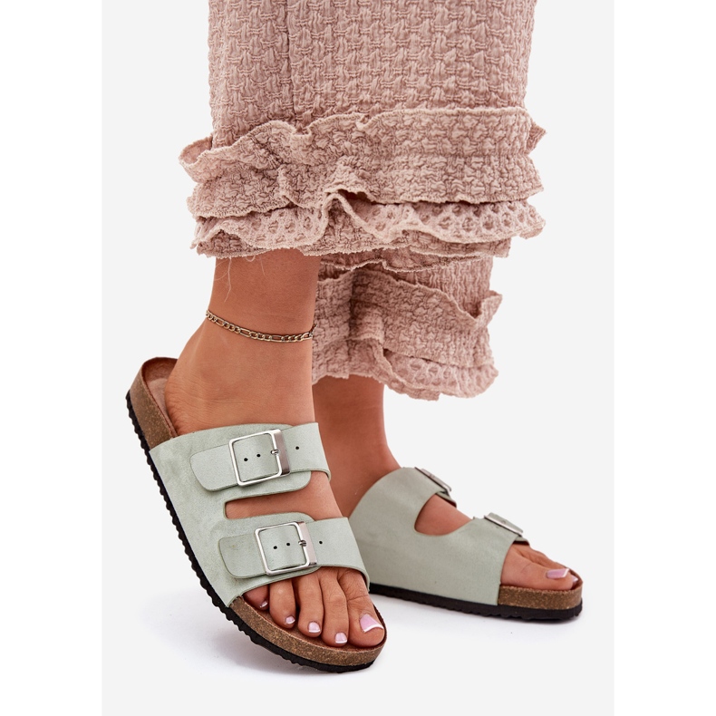 Chinelos femininos na plataforma de cortiça grampos de hortelã verde 1