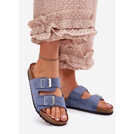 Chinelos femininos na plataforma de cortiça fivelas azuis azul 1