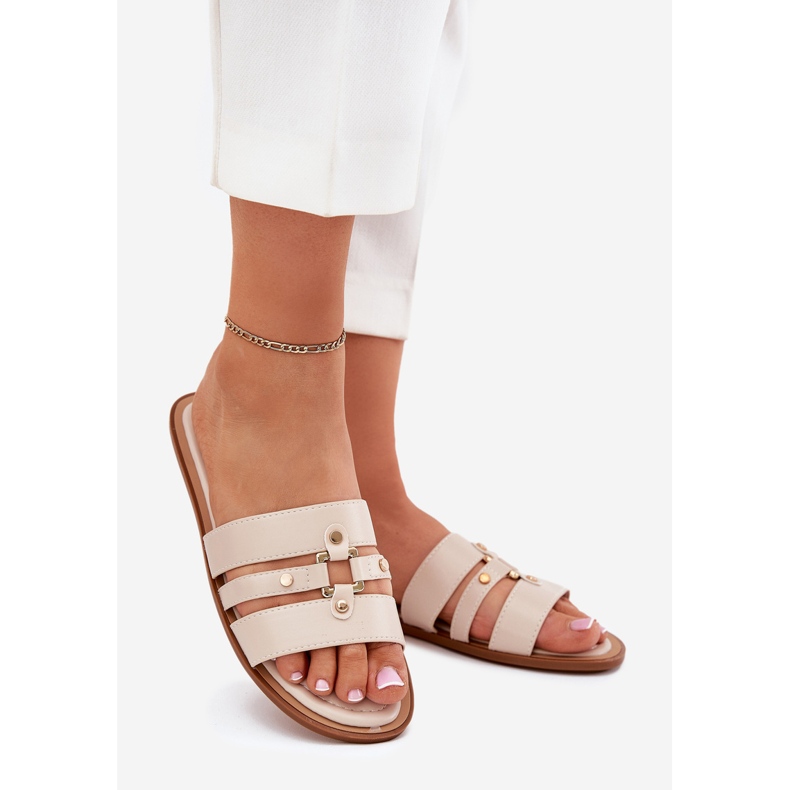 Flip de mulheres planas com detalhes dourados bege 1 Flip de mulheres planas com detalhes dourados bege 1