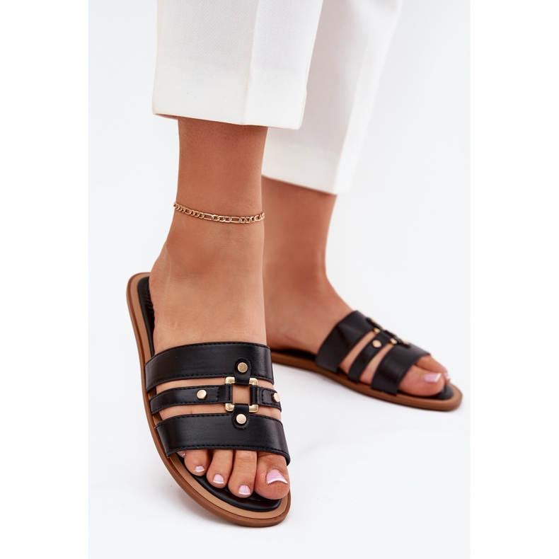 Chinelos de mulheres planas com detalhes dourados pretos 2 Chinelos de mulheres planas com detalhes dourados pretos 2