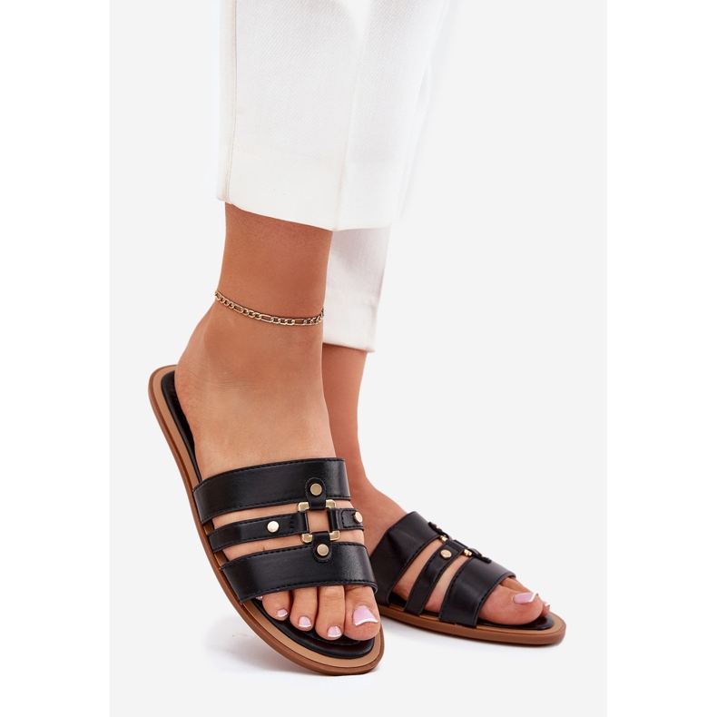 Chinelos de mulheres planas com detalhes dourados pretos 1 Chinelos de mulheres planas com detalhes dourados pretos 1