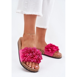 Flip de mulheres em uma sola de cortiça com flores de fúcsia rosa 2
