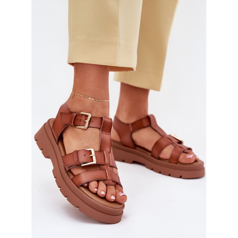 EVento Sandálias femininas de couro ECO com fivelas de camelo marrom 2