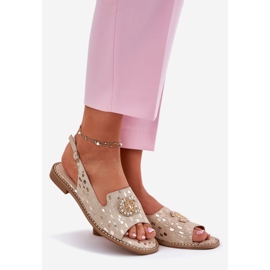 S.Barski Sandálias de couro com ornamento de salto plano dourado 1