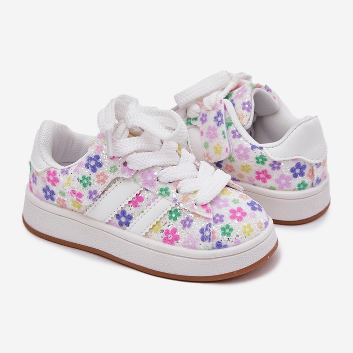 Sapatos esportivos de meninas brilhantes com flores brancas branco 1