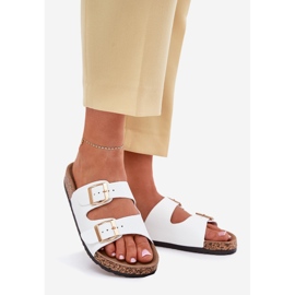 EVento Chinelos femininos com fivelas ecológicas de couro branco 1