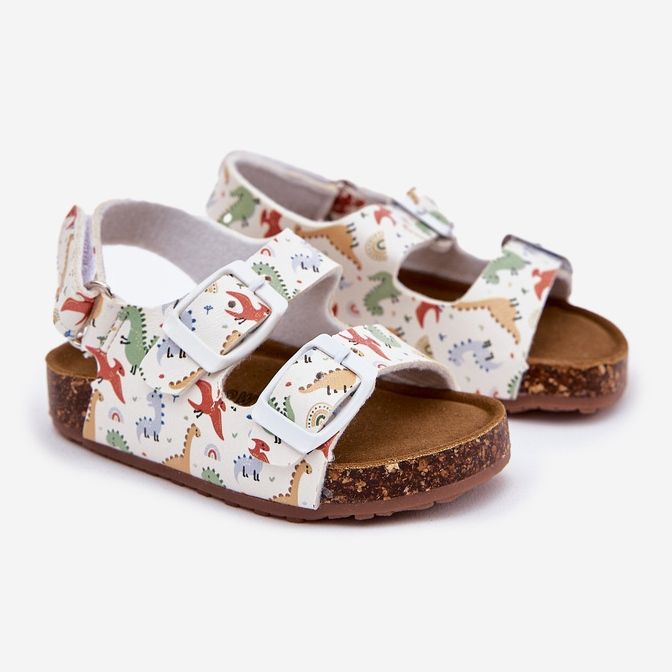 Sandálias infantis em uma sola de cortiça com dinossauros de fivelas multicolor branco 1