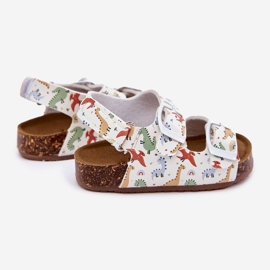 Sandálias infantis em uma sola de cortiça com dinossauros de fivelas multicolor branco 2