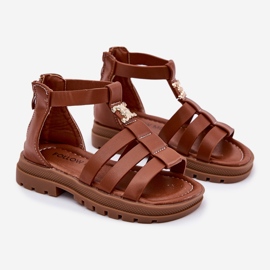 Sandálias Gladiators das meninas com detalhes dourados marrom 1