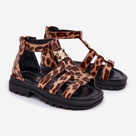 Sandálias Gladiators das Meninas com um Leopardo de Golden Detalhe castanho 1 Sandálias Gladiators das Meninas com um Leopardo de Golden Detalhe castanho 1