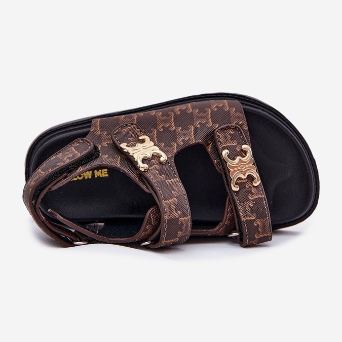 Sandálias de velcro infantil com detalhes dourados marrom 2