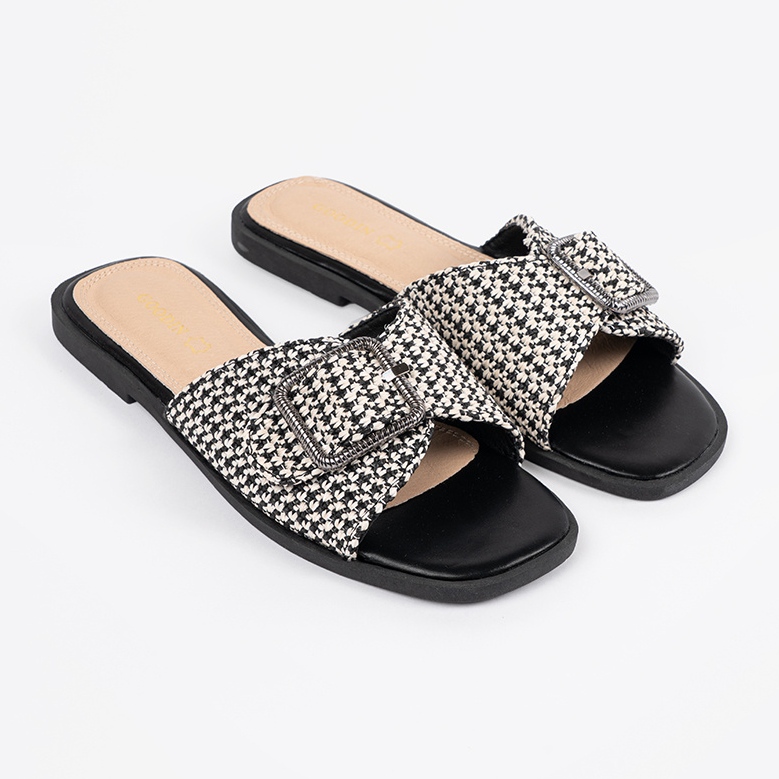 Goodin Chinelos com uma grade em preto e branco com uma fivela 2