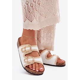 Crochet flautas femininas com fivelas douradas fivelas brancas branco 1