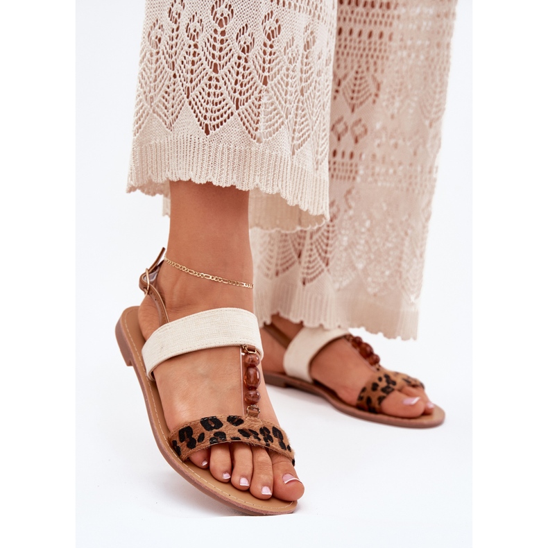 Sandálias femininas planas com contas estampas de leopardo marrom castanho 2