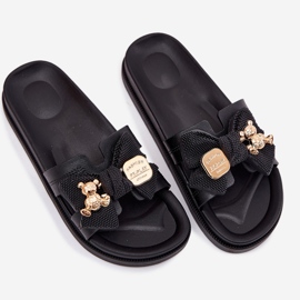 Chinelos femininos com um arco e um broche dourado preto 2