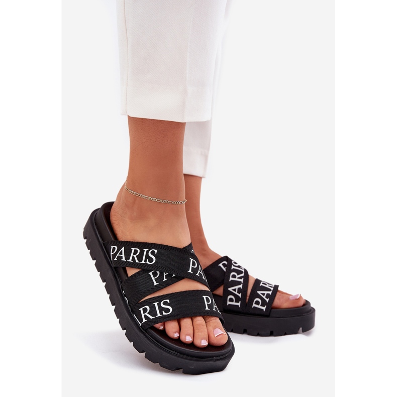 Flips femininos com listras de material de Paris na plataforma preta preto 1 Flips femininos com listras de material de Paris na plataforma preta preto 1