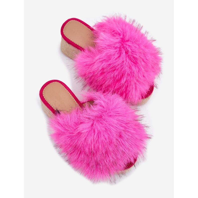 Fuas femininas com cunha com peles e tranças fúcsia rosa 2