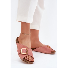 Chinelos de couro com um grampo dourado maciejka 07000-15 rosa 2