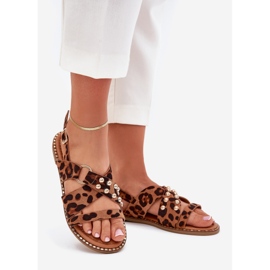 Boto Sandálias femininas de grama plana com tampas douradas estampas de leopardo castanho 1