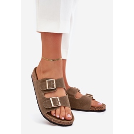 Boto Chinelos femininos com grampos dourados e Luner verde escuro 1