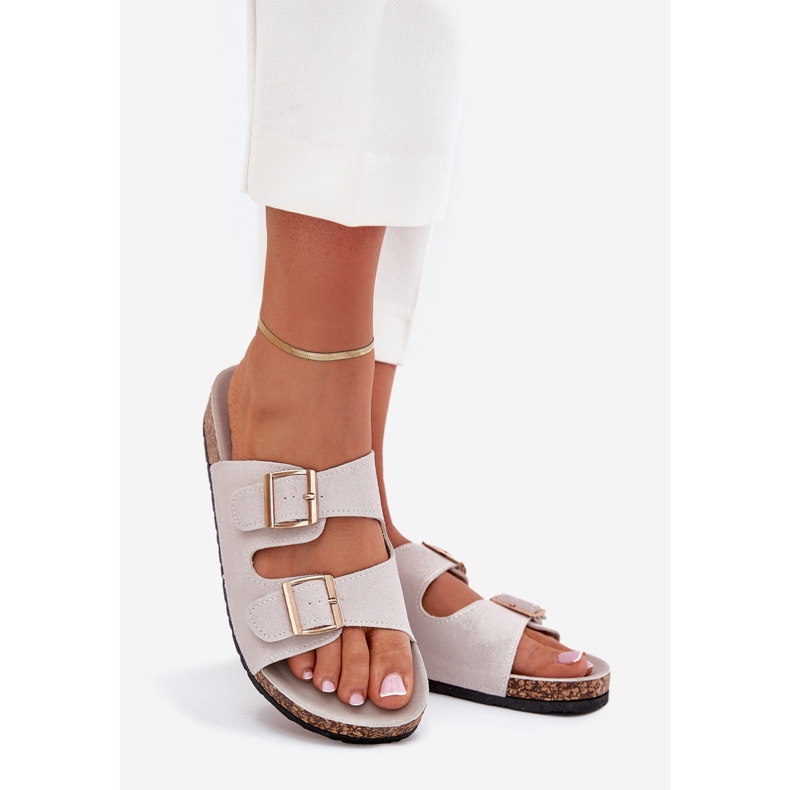 Boto Chinelos femininos com grampos dourados e costura de Luner Grey cinza 1