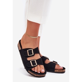 Boto Chinelos femininos com grampos dourados e costura de Luner Black preto 1