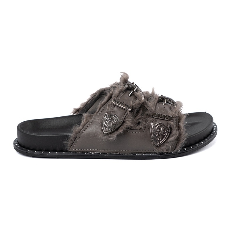 Shelvt Chinelos cinzentos com pêlo e pregos cinza 1 Shelvt Chinelos cinzentos com pêlo e pregos cinza 1