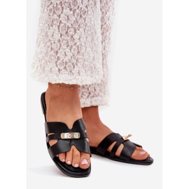 Boto Chinelos femininos planos com uma alça e detalhes dourados preto kerenza 1