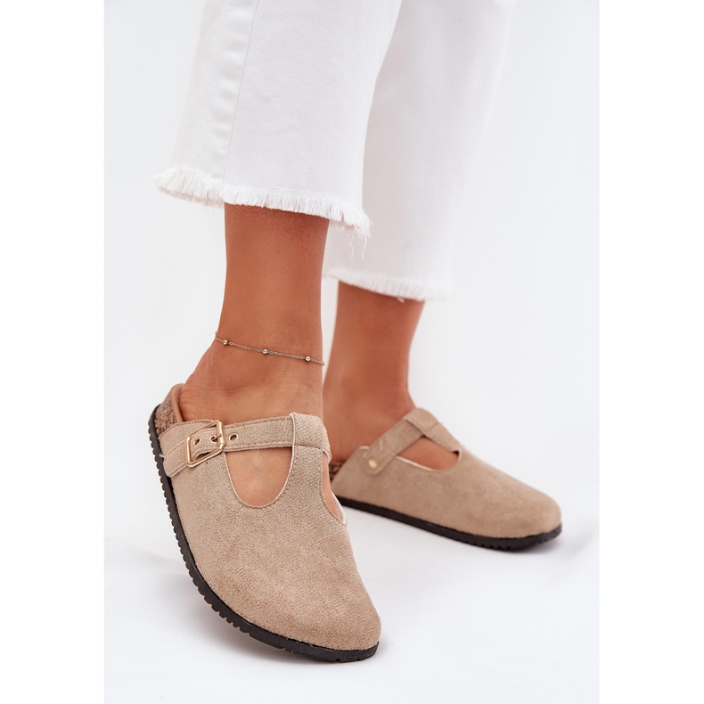Boto Slippers femininos tamancos com um grampo dourado bege lirina 2