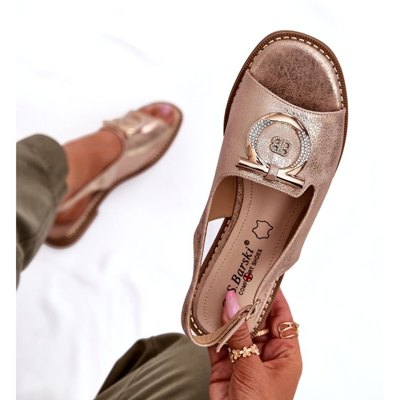 Sandálias femininas elegantes com decoração de salto plano S.Barski KV51-003 Pink Gold dourado 5